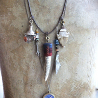 Prayer of the 7 Directions Necklace Set w/Inscribed Antler Pendant,Unique Clear Quartz Point Drop, Antique Arrowhead, Compass & More!