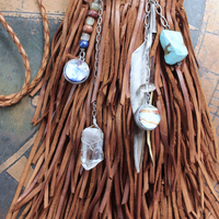 En Shalla Butter Soft Leather Cross Body Bag with Faceted Turquoise Drop,Glass Galaxy Orbs,Wire Wrapped Quartz & Feather