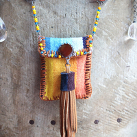 How you Shine Necklace with Hand Stitched & Beaded Antique Serape Textile Pouch, NA Seed Bead Chain,Faceted Rock Quartz Drops,Success Stone & More!