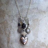 Antique Engraved Ex Voto Necklace with Amazing Faceted Blood of Christ Garnet,Marian Locket,Antique Medals & More!