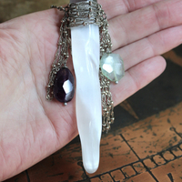 NEW! I Wish I could Show You Necklace with Fluorite Capped Selenite Wand, Faceted Fluorite Stones, Silver Bead Point Chain and Fringe
