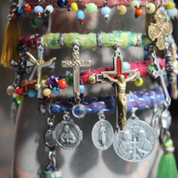 Joyful Deliverance Wrap Bracelet with Hand Stitched Kantha,Dozens of Antique Medals, Crosses, Faceted Crystals & Art Deco Glass Beads
