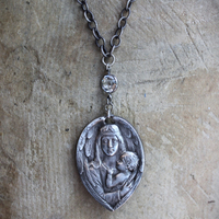Under His Wings Necklace with Once in a Lifetime Antique Sterling Harden Medal,Antique Faceted Rock Crystal Connector,Solid Sterling Chain & Clasp