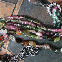 Sold to J Extraordinary Faceted Watermelon Tourmaline Slice Necklace with Multistrand Tourmaline Chains and Sterling Chain Tassel