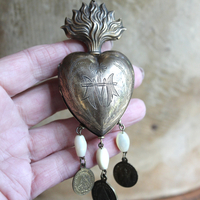 Antique French Marian Flaming Heart Ex Voto Locket Necklace with Antique French Medals, Antique Rosary Mother of Pearl Beads,Unique Antique Chain