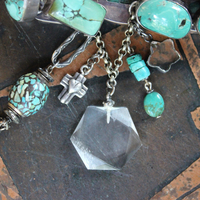 SOLD to J The Healer Bracelet with Sterling Bezel Set Royston Turquoise, Rock Quartz Star,Antique Turquoise Mosaic Bead, Sterling Cross & More!