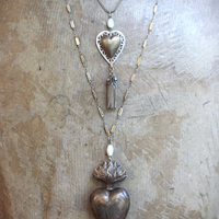 Antique French Carved MOP Heart Necklace with Tiny Antique French Rosary MOP Chain,Unique Antique Foxtail Chain Tassel, Foxtail Chain