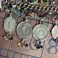 Unique 3 Strand Bracelet with 9 Antique French Medals, Hundreds of Tiny Bead Drops, Vintage Chain & Clasp