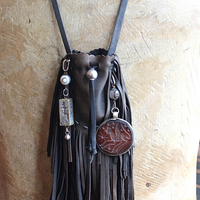 Ancient Zoroastrian Pendants and Stamping Bead Amulets Necklace Set with Antique Agate Connectors,Sterling Bead,Leather Fringe Pouch & Ties