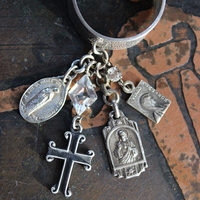 Artist Signed Engraved Sterling Ring w/Hail Mary in Spanish/Portuguese,Small Sterling Cross,Tiny Antique French Medals,Antique Faceted Rock Crystal Connectors