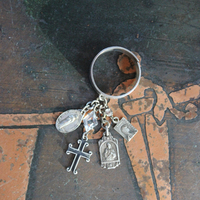 Artist Signed Engraved Sterling Ring w/Hail Mary in Spanish/Portuguese,Small Sterling Cross,Tiny Antique French Medals,Antique Faceted Rock Crystal Connectors