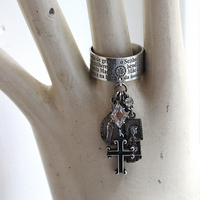 Artist Signed Engraved Sterling Ring w/Hail Mary in Spanish/Portuguese,Small Sterling Cross,Tiny Antique French Medals,Antique Faceted Rock Crystal Connectors