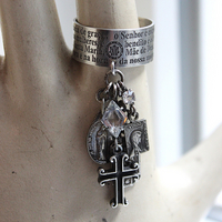 Artist Signed Engraved Sterling Ring w/Hail Mary in Spanish/Portuguese,Small Sterling Cross,Tiny Antique French Medals,Antique Faceted Rock Crystal Connectors