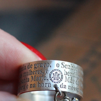 Artist Signed Engraved Sterling Ring w/Hail Mary in Spanish/Portuguese,Small Sterling Cross,Tiny Antique French Medals,Antique Faceted Rock Crystal Connectors