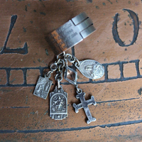 Artist Signed Engraved Sterling Ring w/Hail Mary in Spanish/Portuguese,Small Sterling Cross,Tiny Antique French Medals,Antique Faceted Rock Crystal Connectors