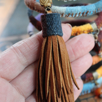 Antique Serape Textile Coil Bracelet with Sterling Capped Quartz Point, Serape Capped Leather Tassel,Faceted Gemstone & Turquoise Drops