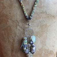 The Astonishing Light Necklace with Braided Antique Kantha Chain,Antique Faceted Pools of Light Connector, Tiny Quartz Point Vessel,Quartz Drop,Peruvian Opal Stone++