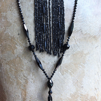 Antique French Jet Bead Necklace Set with Antique French Velvet Bobble Trim,Beaded Applique and Faceted Jet Bead Chain and Tassel