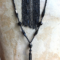 Antique French Jet Bead Necklace Set with Antique French Velvet Bobble Trim,Beaded Applique and Faceted Jet Bead Chain and Tassel