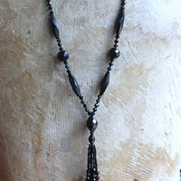 Antique French Jet Bead Necklace Set with Antique French Velvet Bobble Trim,Beaded Applique and Faceted Jet Bead Chain and Tassel