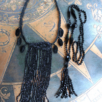 Antique French Jet Bead Necklace Set with Antique French Velvet Bobble Trim,Beaded Applique and Faceted Jet Bead Chain and Tassel
