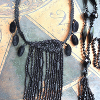 Antique French Jet Bead Necklace Set with Antique French Velvet Bobble Trim,Beaded Applique and Faceted Jet Bead Chain and Tassel