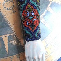 Antique Goddess Gauntlet Cuff with Amazing Antique Seed Bead Textile, Antique Ledger Journal Fabric Lining & Antique Black Fabric Covered Buttons