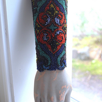 Antique Goddess Gauntlet Cuff with Amazing Antique Seed Bead Textile, Antique Ledger Journal Fabric Lining & Antique Black Fabric Covered Buttons