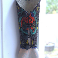 Antique Goddess Gauntlet Cuff with Amazing Antique Seed Bead Textile, Antique Ledger Journal Fabric Lining & Antique Black Fabric Covered Buttons