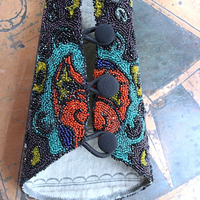 Antique Goddess Gauntlet Cuff with Amazing Antique Seed Bead Textile, Antique Ledger Journal Fabric Lining & Antique Black Fabric Covered Buttons