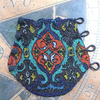Antique Goddess Gauntlet Cuff with Amazing Antique Seed Bead Textile, Antique Ledger Journal Fabric Lining & Antique Black Fabric Covered Buttons