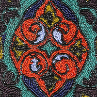 Antique Goddess Gauntlet Cuff with Amazing Antique Seed Bead Textile, Antique Ledger Journal Fabric Lining & Antique Black Fabric Covered Buttons