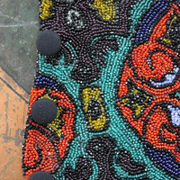 Antique Goddess Gauntlet Cuff with Amazing Antique Seed Bead Textile, Antique Ledger Journal Fabric Lining & Antique Black Fabric Covered Buttons