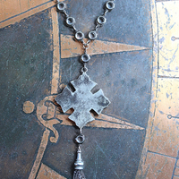 The 5 Tenets Necklace with Rare Sterling Sacred Heart "Love, Pray, Give, Work, Learn" Cross, Faceted Prong & Cup Set Crystals,Sterling Chain & Tassel
