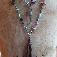Mind, Body, Spirit Necklace Set w/Sterling Capped Water Clear Quartz Point,Butter Soft Leather Tassel & Amazing Antique Indian Beads