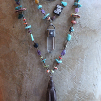 Mind, Body, Spirit Necklace Set w/Sterling Capped Water Clear Quartz Point,Butter Soft Leather Tassel & Amazing Antique Indian Beads
