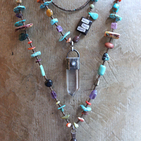 Mind, Body, Spirit Necklace Set w/Sterling Capped Water Clear Quartz Point,Butter Soft Leather Tassel & Amazing Antique Indian Beads