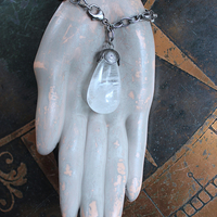 Be a Light Bracelet with Antique Victorian Sterling Capped Clear Rock Quartz Tear Drop and Antique Sterling Embossed Links