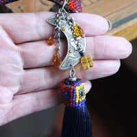 Time to Become Full Cuff Bracelet with Unique Antique Seed Bead Textile,Silver Crescent Moon, Unique Silk Tassel & Faceted Crystal Drops