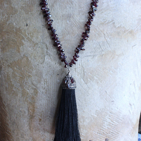 Courage and Hope Necklace with Hundreds of AAA Faceted Almandine Tear Drops, Unique Black Silk Tassel