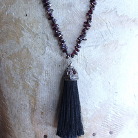 Courage and Hope Necklace with Hundreds of AAA Faceted Almandine Tear Drops, Unique Black Silk Tassel