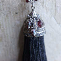 Courage and Hope Necklace with Hundreds of AAA Faceted Almandine Tear Drops, Unique Black Silk Tassel