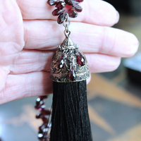 Courage and Hope Necklace with Hundreds of AAA Faceted Almandine Tear Drops, Unique Black Silk Tassel