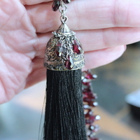 Courage and Hope Necklace with Hundreds of AAA Faceted Almandine Tear Drops, Unique Black Silk Tassel