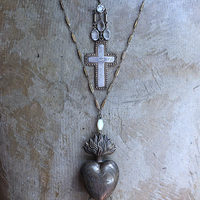Antique French Sterling & Gold Engraved Flaming Sacred Heart Nun's Cross Necklace with Faceted Oval Bezel Set Crystals and Antique Link Chain