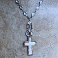 Antique French Sterling & Gold Engraved Flaming Sacred Heart Nun's Cross Necklace with Faceted Oval Bezel Set Crystals and Antique Link Chain