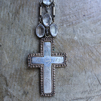 Antique French Sterling & Gold Engraved Flaming Sacred Heart Nun's Cross Necklace with Faceted Oval Bezel Set Crystals and Antique Link Chain