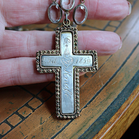 Antique French Sterling & Gold Engraved Flaming Sacred Heart Nun's Cross Necklace with Faceted Oval Bezel Set Crystals and Antique Link Chain
