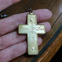 Antique French Sterling & Gold Engraved Flaming Sacred Heart Nun's Cross Necklace with Faceted Oval Bezel Set Crystals and Antique Link Chain