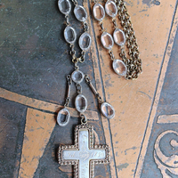 Antique French Sterling & Gold Engraved Flaming Sacred Heart Nun's Cross Necklace with Faceted Oval Bezel Set Crystals and Antique Link Chain
